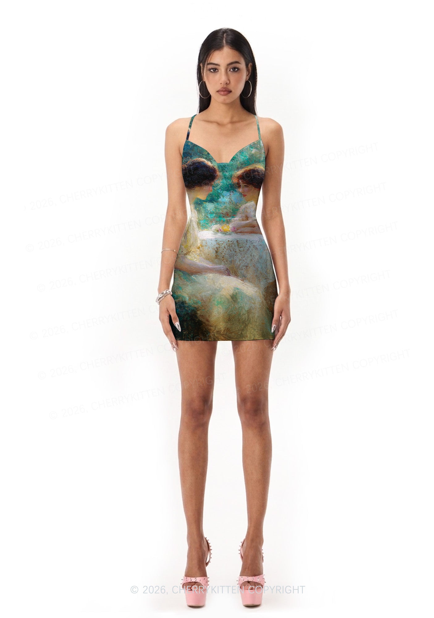 Garden Tea Scene Art Pride Y2K Print Satin Cowl Neck Slip Dress Cherrykitten