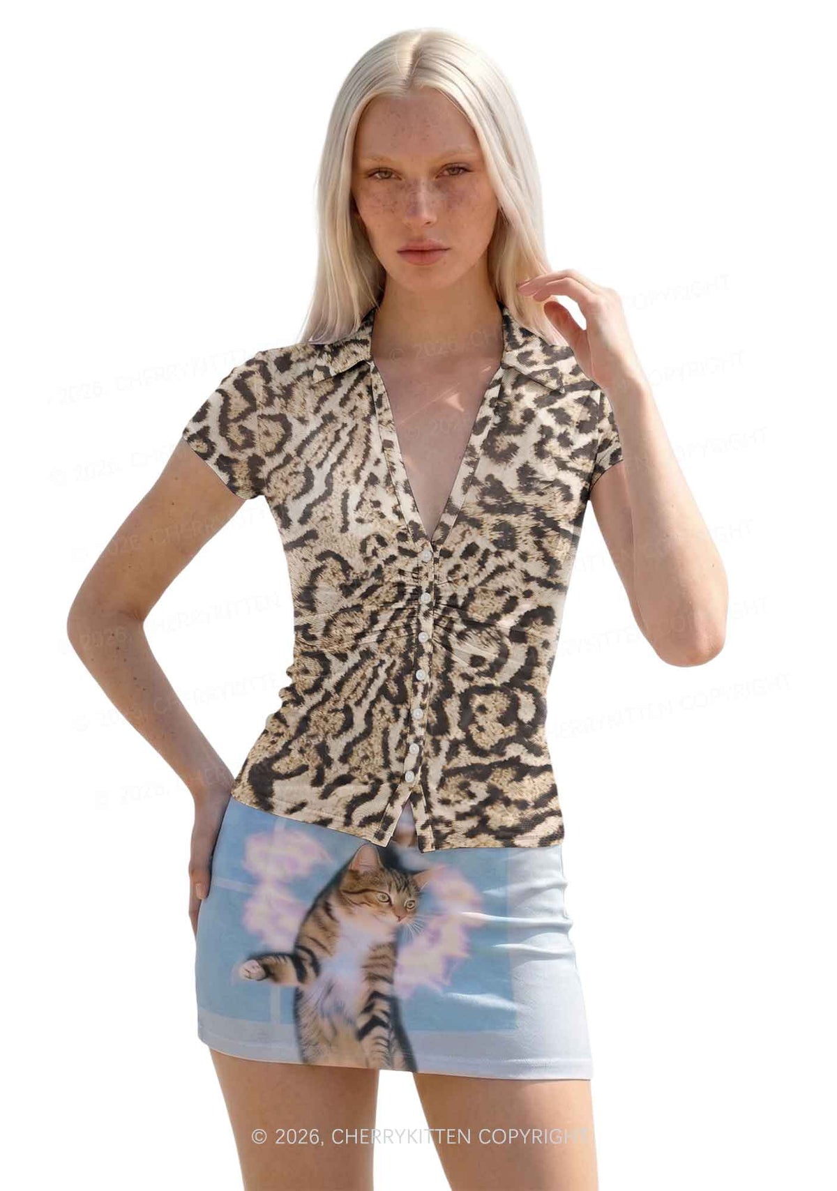 Brown Black Leopard Y2K Mesh Ruched Waist V Neck Top Cherrykitten
