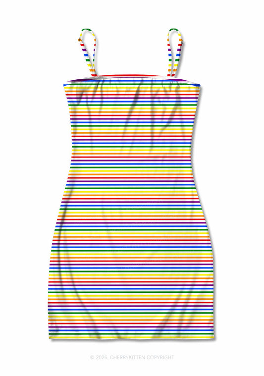 Rainbow Stripes Pride Y2K Print Slip Dress Cherrykitten