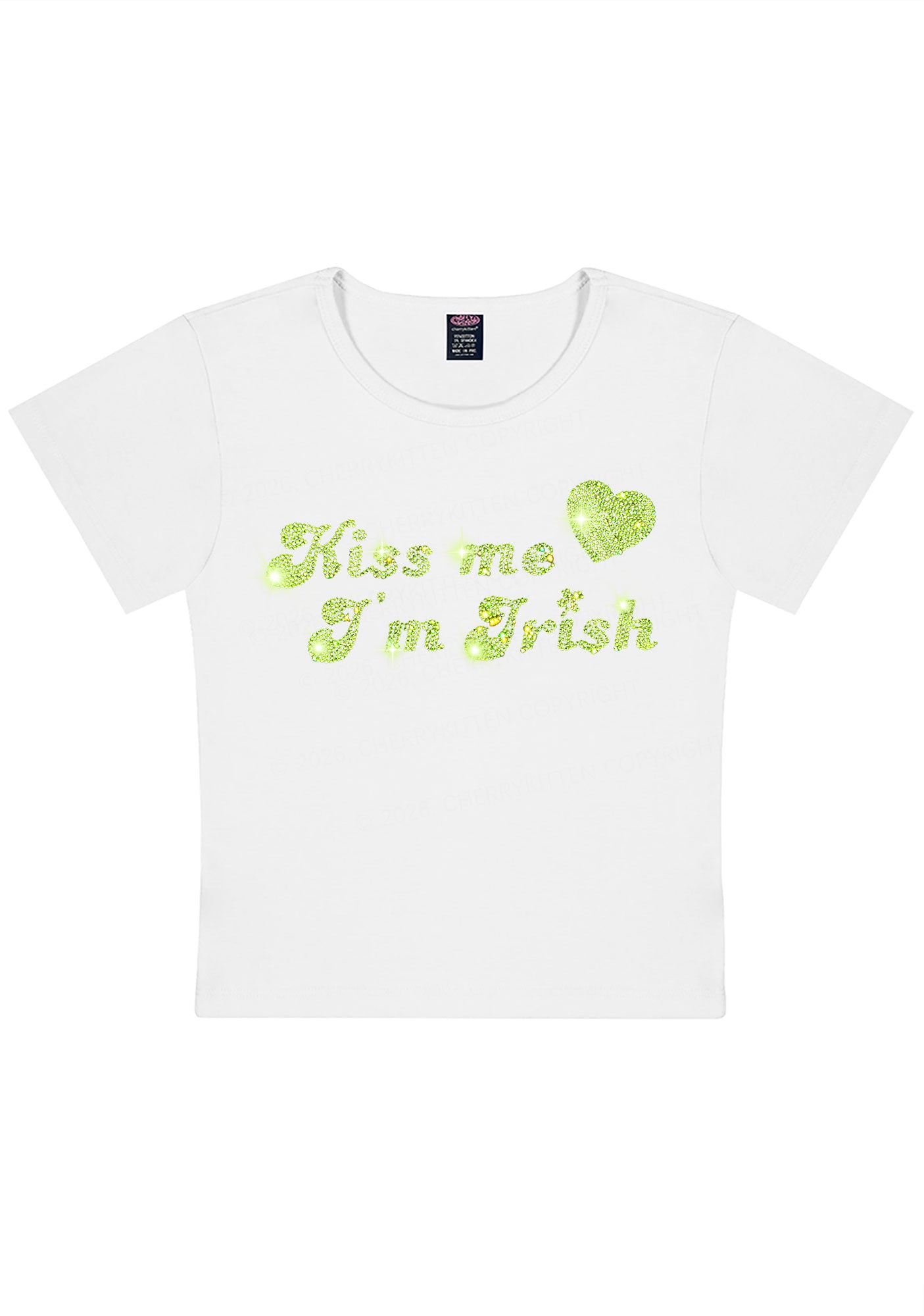 Rhinestone Kiss Me St Patricks Y2K Baby Tee Cherrykitten
