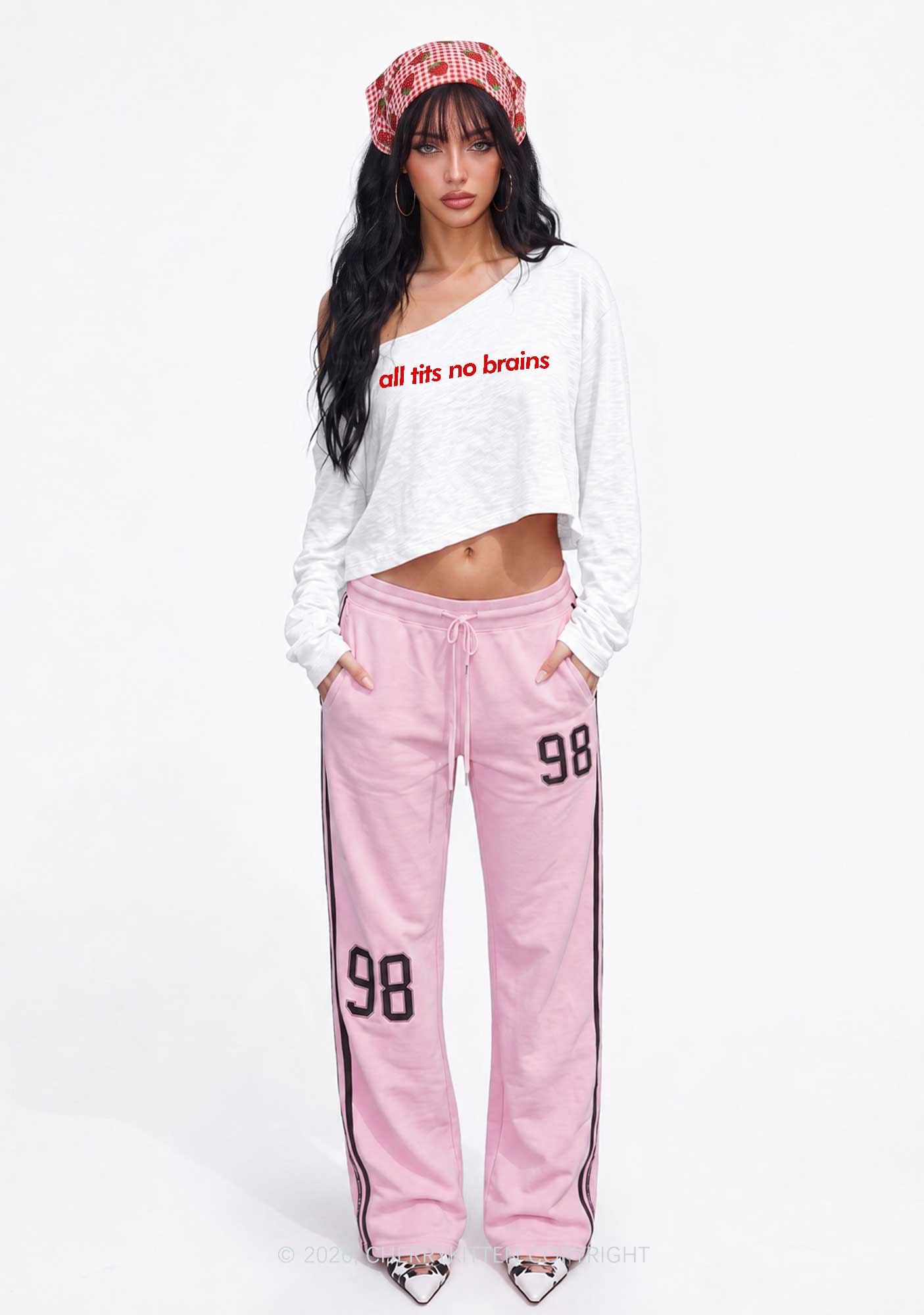 All Txts No Brains Y2K Off Shoulder Long Sleeve Crop Top Cherrykitten