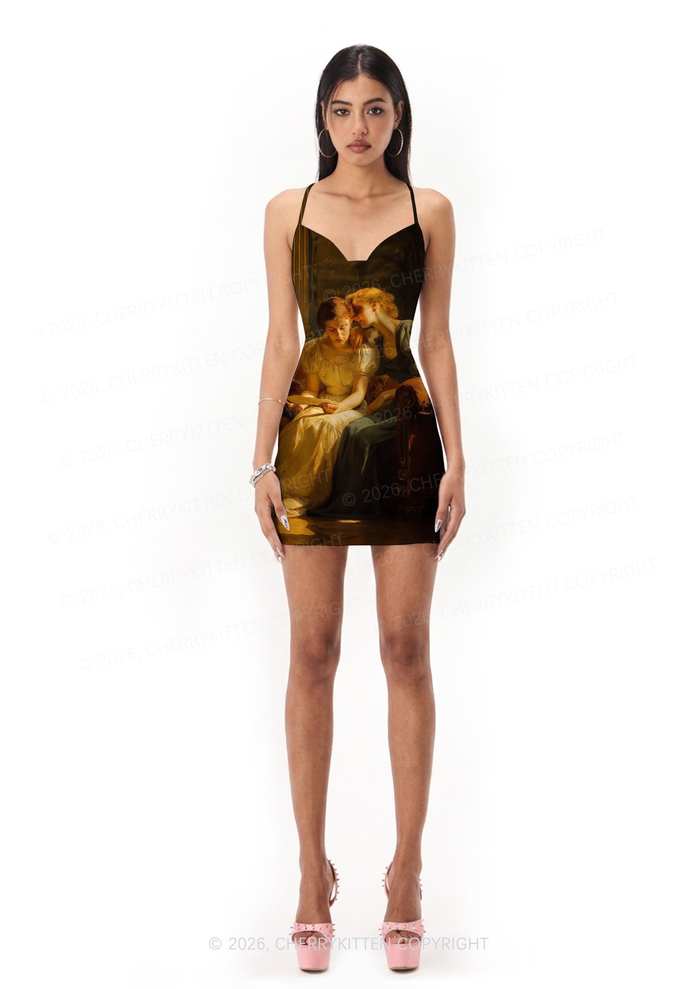 Two Women Reading Letter Pride Y2K Print Satin Cowl Neck Slip Dress Cherrykitten