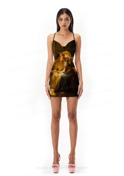 Two Women Reading Letter Pride Y2K Print Satin Cowl Neck Slip Dress Cherrykitten
