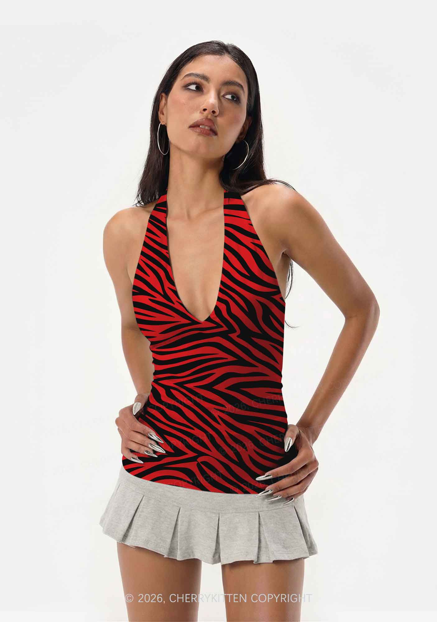 Halloween Red Zebra Stripe Y2K Print Halter Deep V Neck Cami Cherrykitten