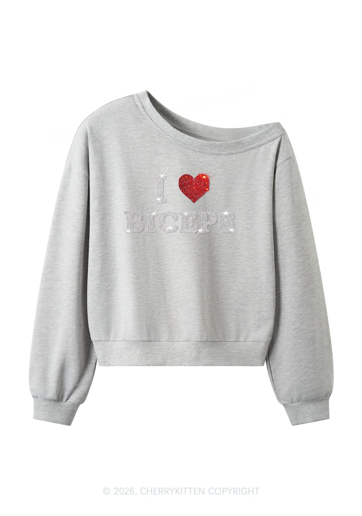 Rhinestone I Love Biceps Y2K Off Shoulder Sweatshirts Cherrykitten