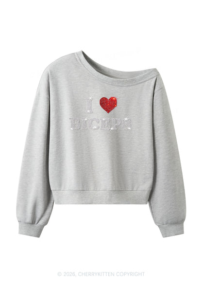 Rhinestone I Love Biceps Y2K Off Shoulder Sweatshirts Cherrykitten