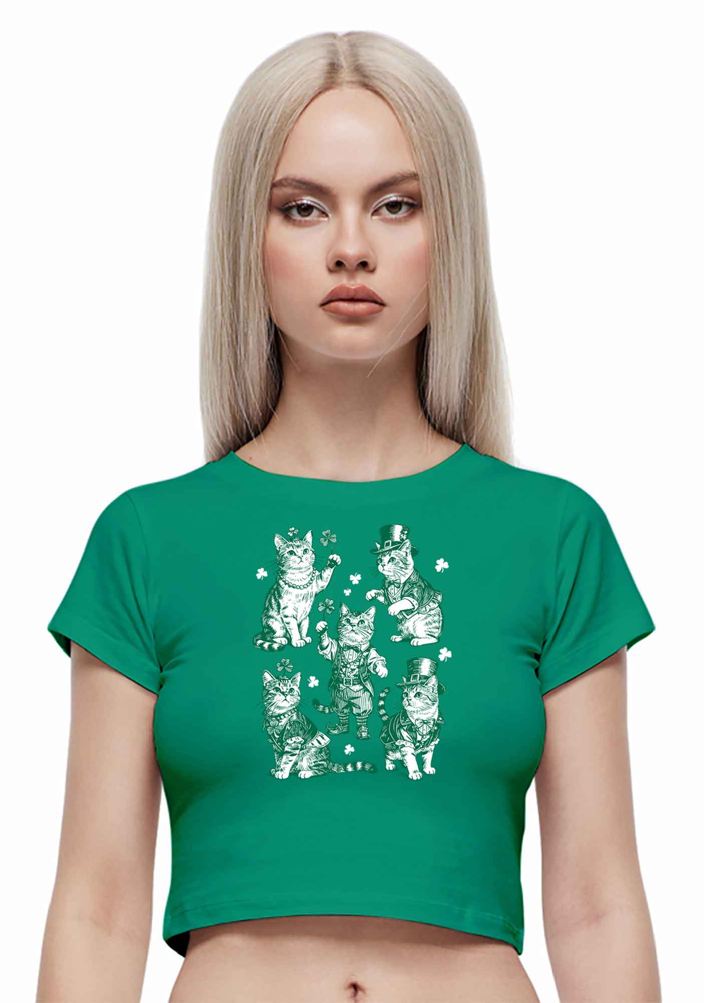Green Lucky Cats St Patricks Y2K Baby Tee Cherrykitten