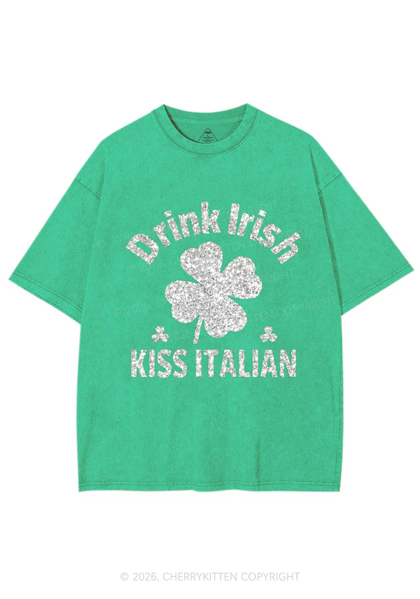 Glitter Drink Irish Kiss Italian St Patricks Y2K Shirts Washed Tee Cherrykitten