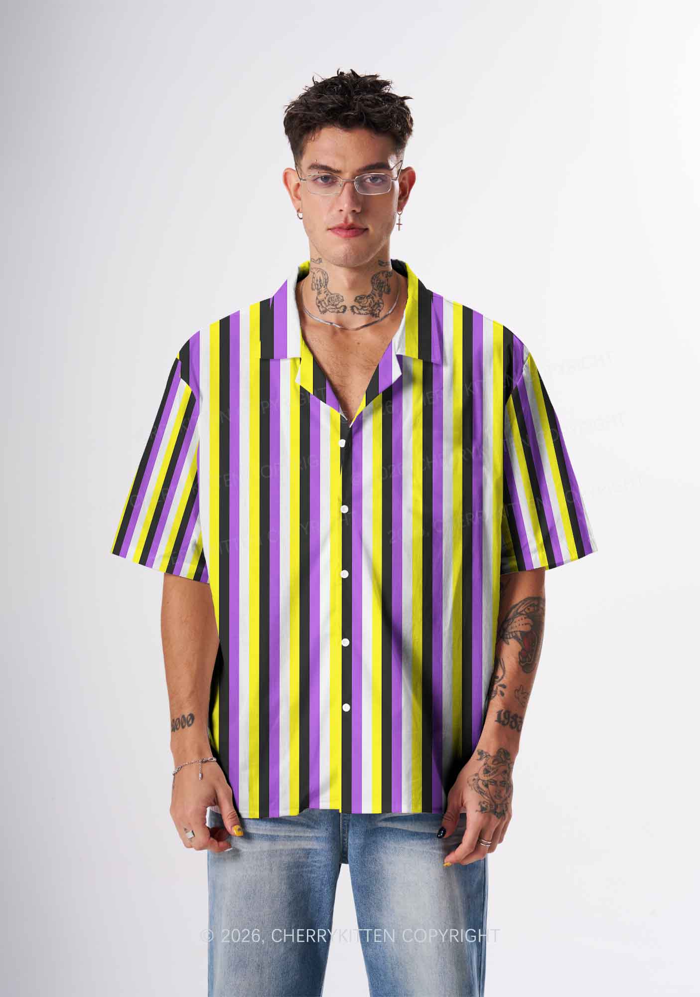 Nonbinary Flag Pride Y2K Print Hawaiian Shirt Cherrykitten
