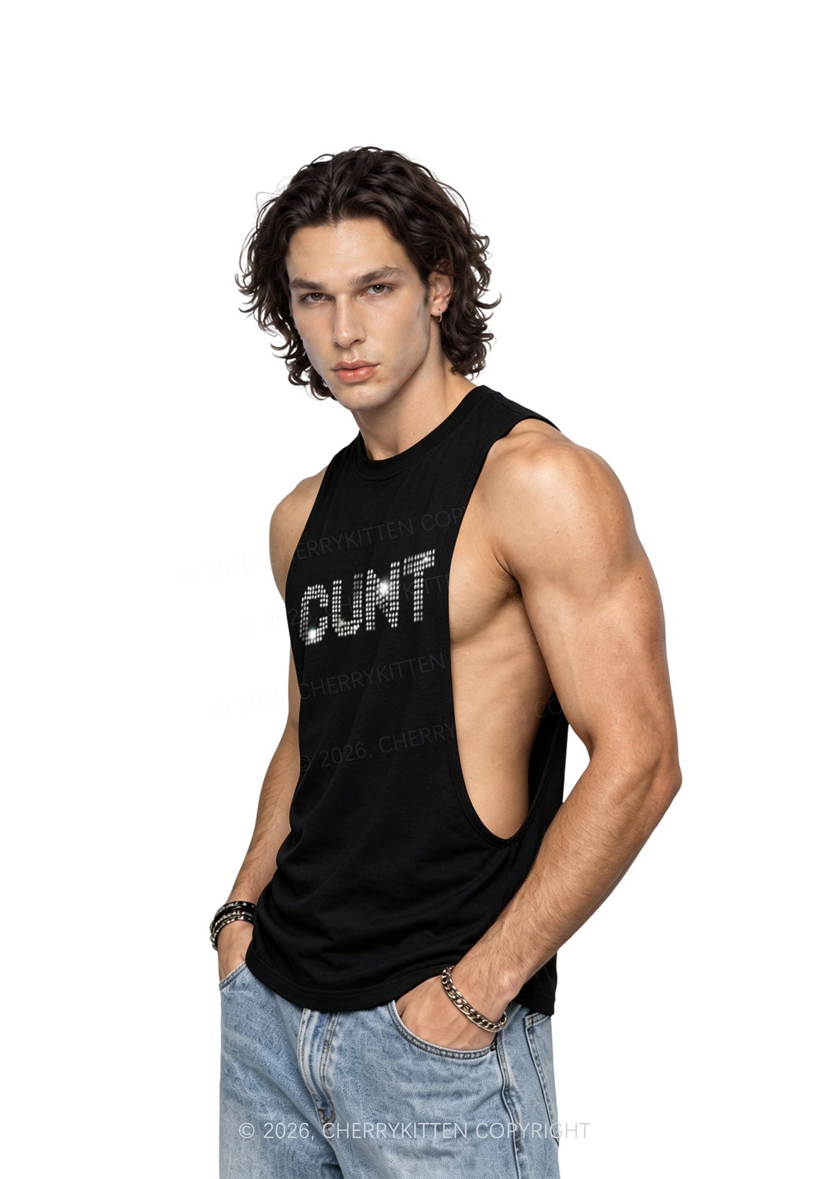 Rhinestone Cxxt Y2K Men Muscle Side Cutoff Tank Top Cherrykitten
