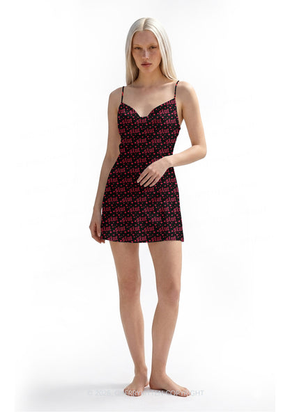 Black Slxt Y2K Print Satin Cowl Neck Slip Dress Cherrykitten