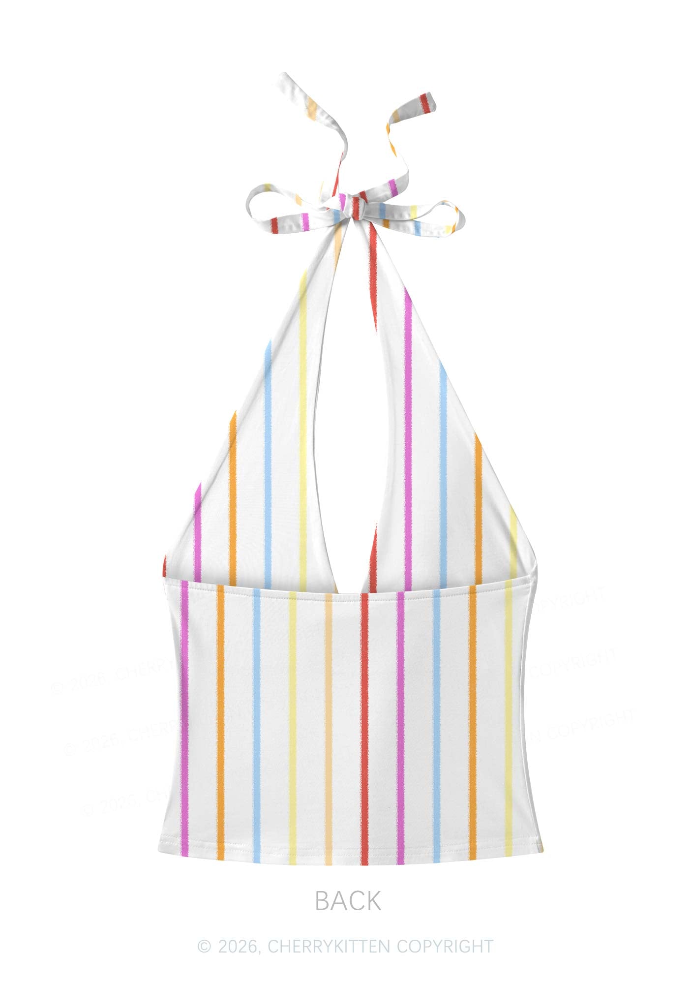 Rainbow Stripe On White Y2K Print Halter Deep V Neck Cami Cherrykitten