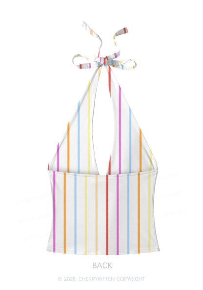 Rainbow Stripe On White Y2K Print Halter Deep V Neck Cami Cherrykitten