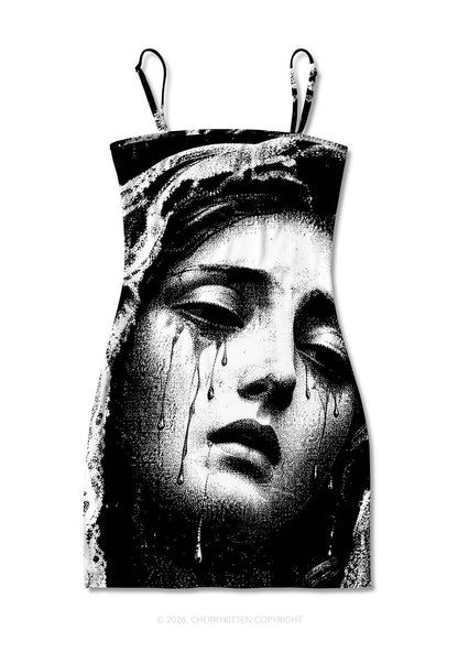 Halloween Weeping Veiled Woman Y2K Print Slip Dress Cherrykitten