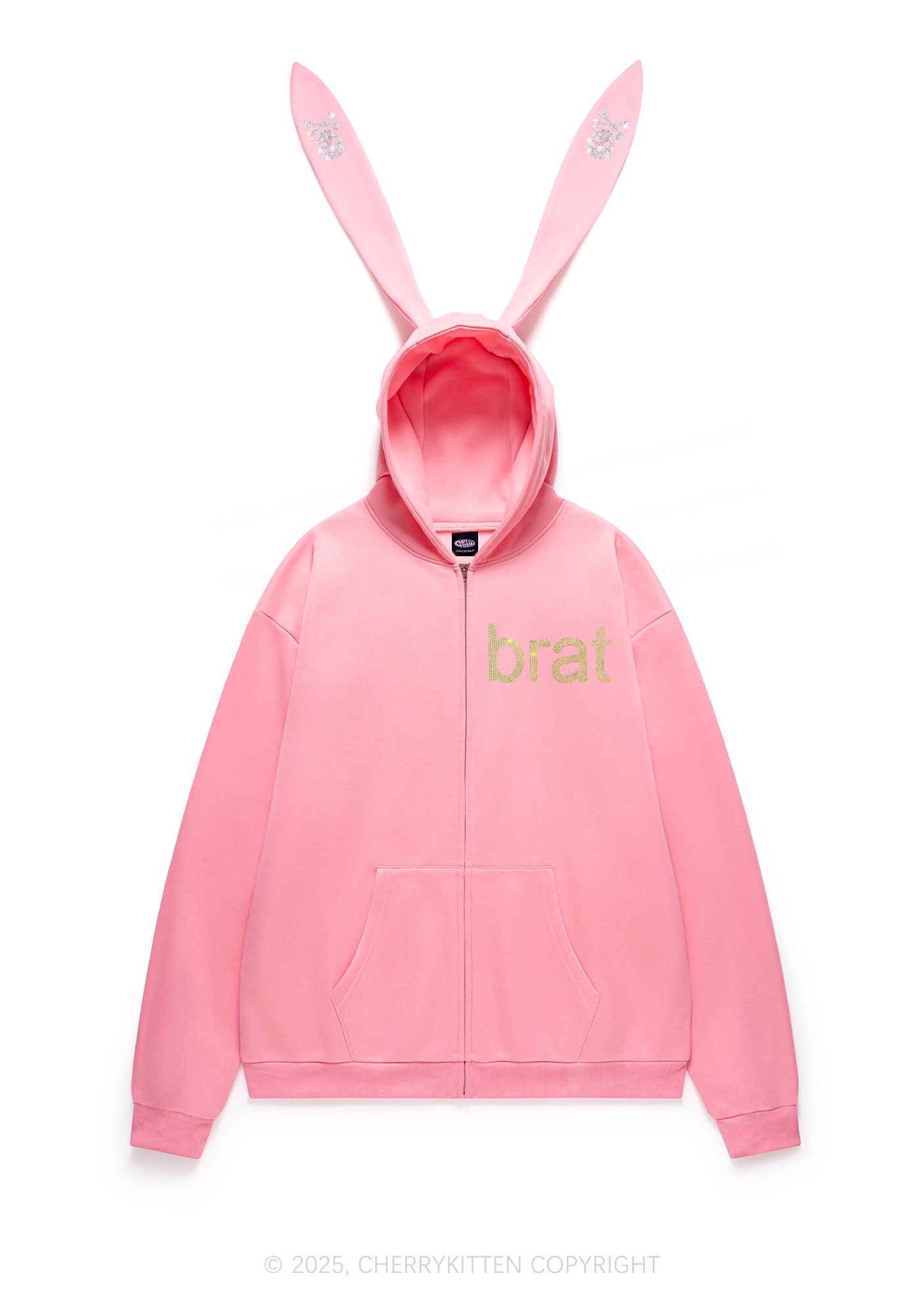 Rhinestone Brat Y2K Bunny Ear Zip Hoodie Cherrykitten