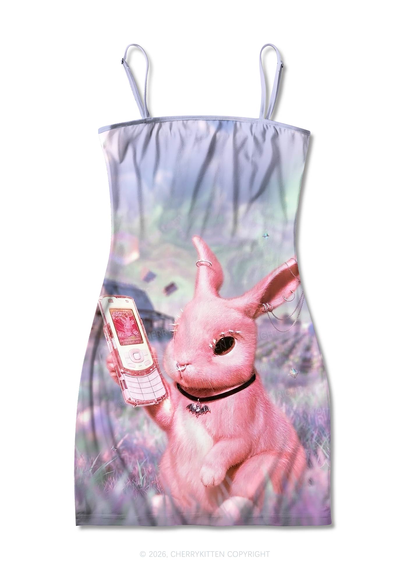 Pink Gothic Bunny Y2K Print Slip Dress Cherrykitten