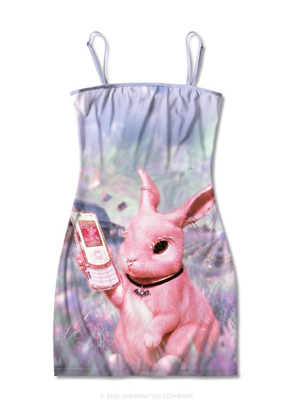 Pink Gothic Bunny Y2K Print Slip Dress Cherrykitten