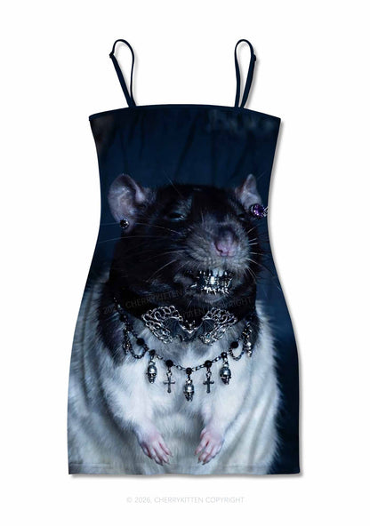 Gothic Jewelry Rat Y2K Print Slip Dress Cherrykitten