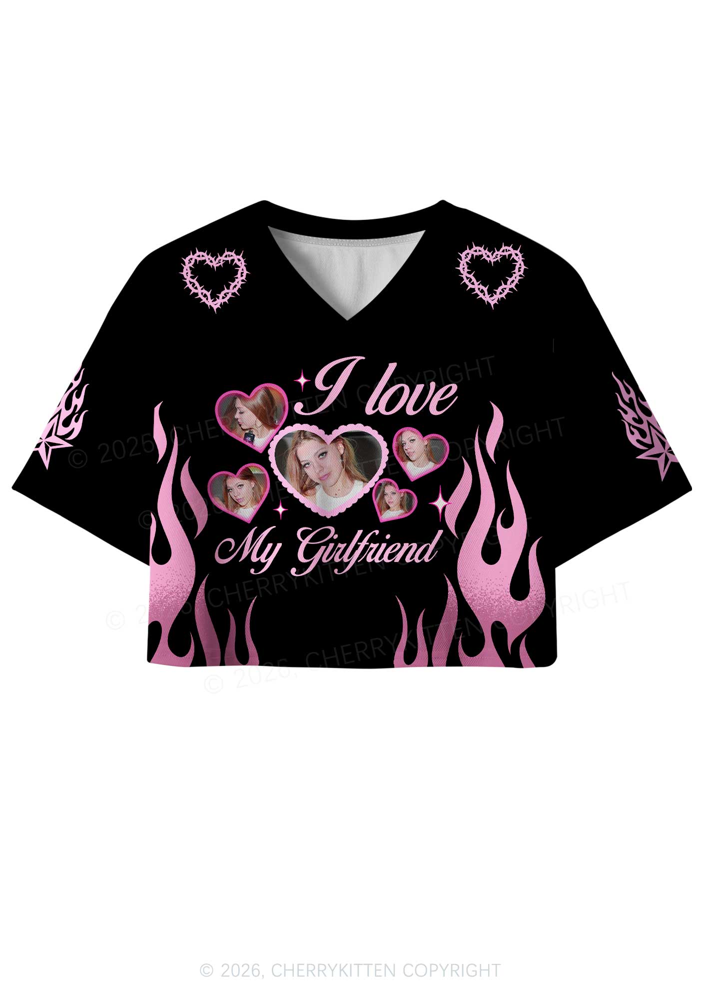 Custom Photos Pink Flame I Love My GF BF Y2K Crop Sport Jersey Shirts Cherrykitten