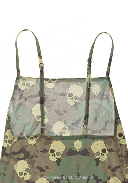 Halloween Camouflage Skull Y2K Mesh Slip Dress Cherrykitten