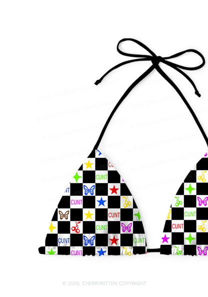 Black White Checkered Cxxt Y2K Print Bikini Set Cherrykitten