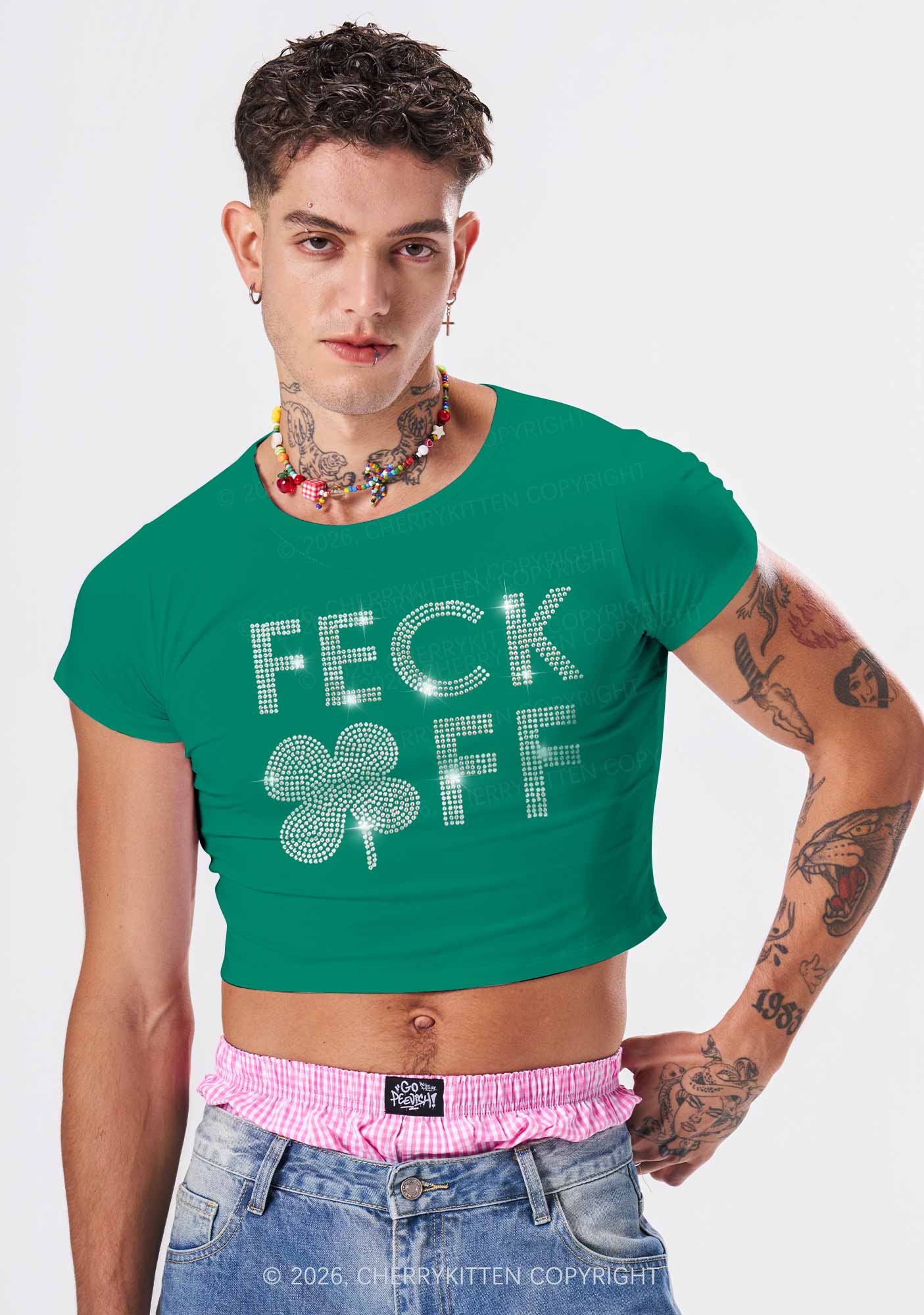 Rhinestone Feck Off St Patricks Y2K Baby Tee Cherrykitten