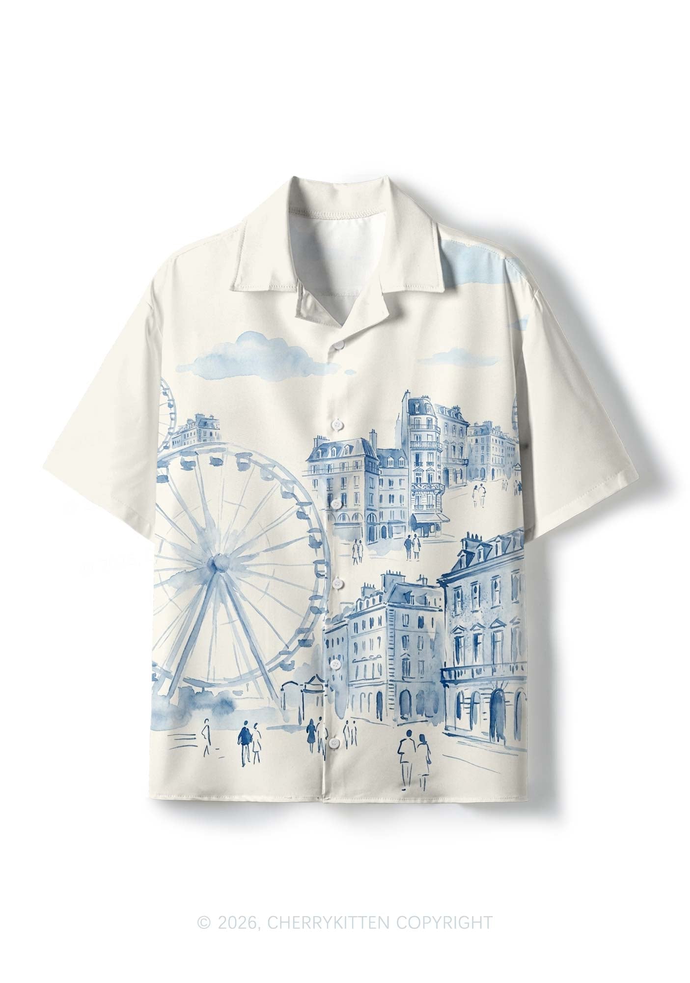 Blue Watercolor Cityscape Ferris Wheel Y2K Print Hawaiian Shirt Cherrykitten