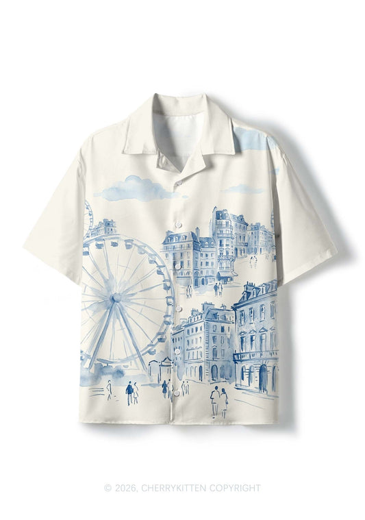 Blue Watercolor Cityscape Ferris Wheel Y2K Print Hawaiian Shirt Cherrykitten