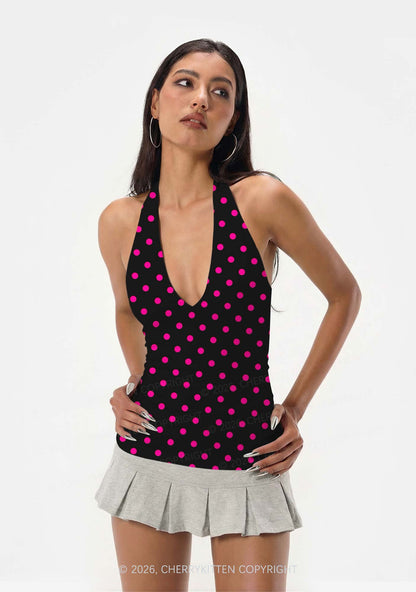 Hot Pink Polka Dot Y2K Print Halter Deep V Neck Cami Cherrykitten
