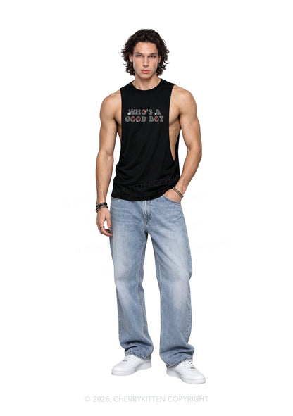 Rhinestone Whos A Good Boy Y2K Men Muscle Side Cutoff Tank Top Cherrykitten
