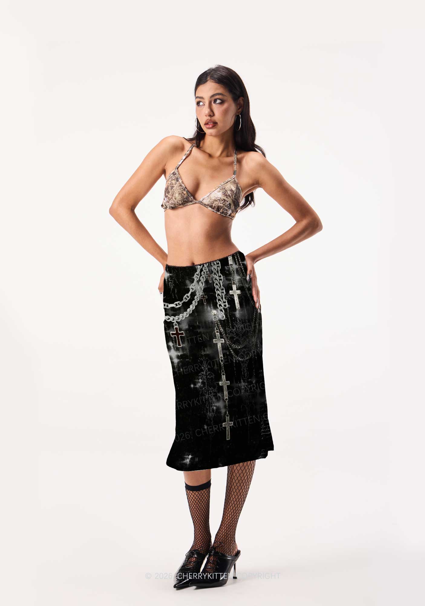 Halloween Gothic Chain Cross Y2K Print Midi Skirt Cherrykitten