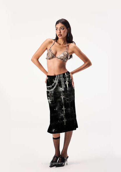 Halloween Gothic Chain Cross Y2K Print Midi Skirt Cherrykitten