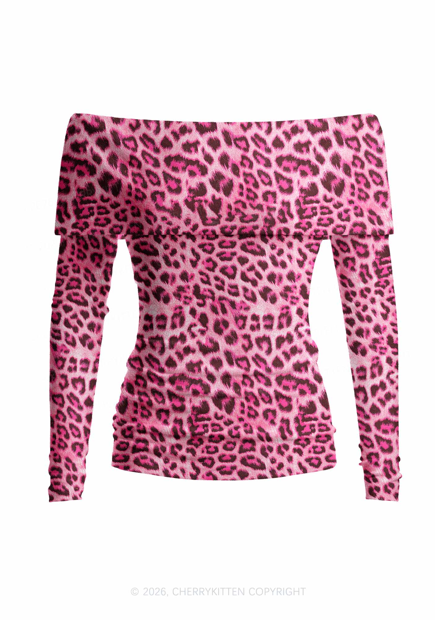Pink Leopard Y2K Off Shoulder Fold Over Knit Top Cherrykitten