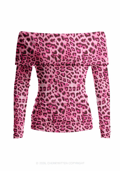 Pink Leopard Y2K Off Shoulder Fold Over Knit Top Cherrykitten