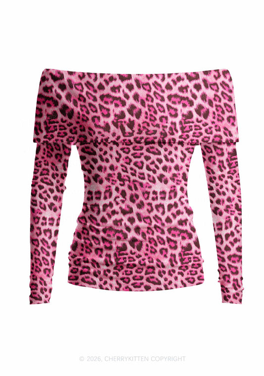 Pink Leopard Y2K Off Shoulder Fold Over Knit Top Cherrykitten