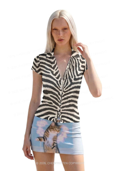 Black And White Zebra Striped Y2K Mesh Ruched Waist V Neck Top Cherrykitten