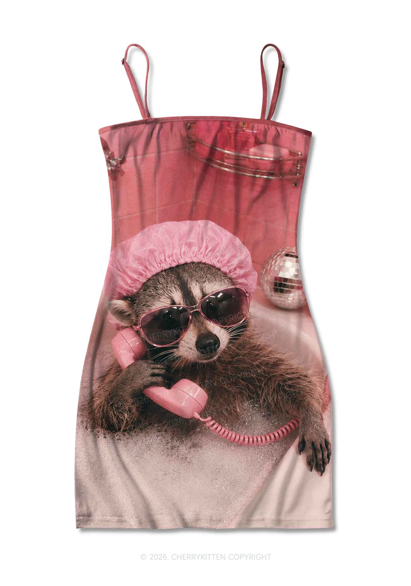 Pink Spa Raccoon Y2K Print Slip Dress Cherrykitten