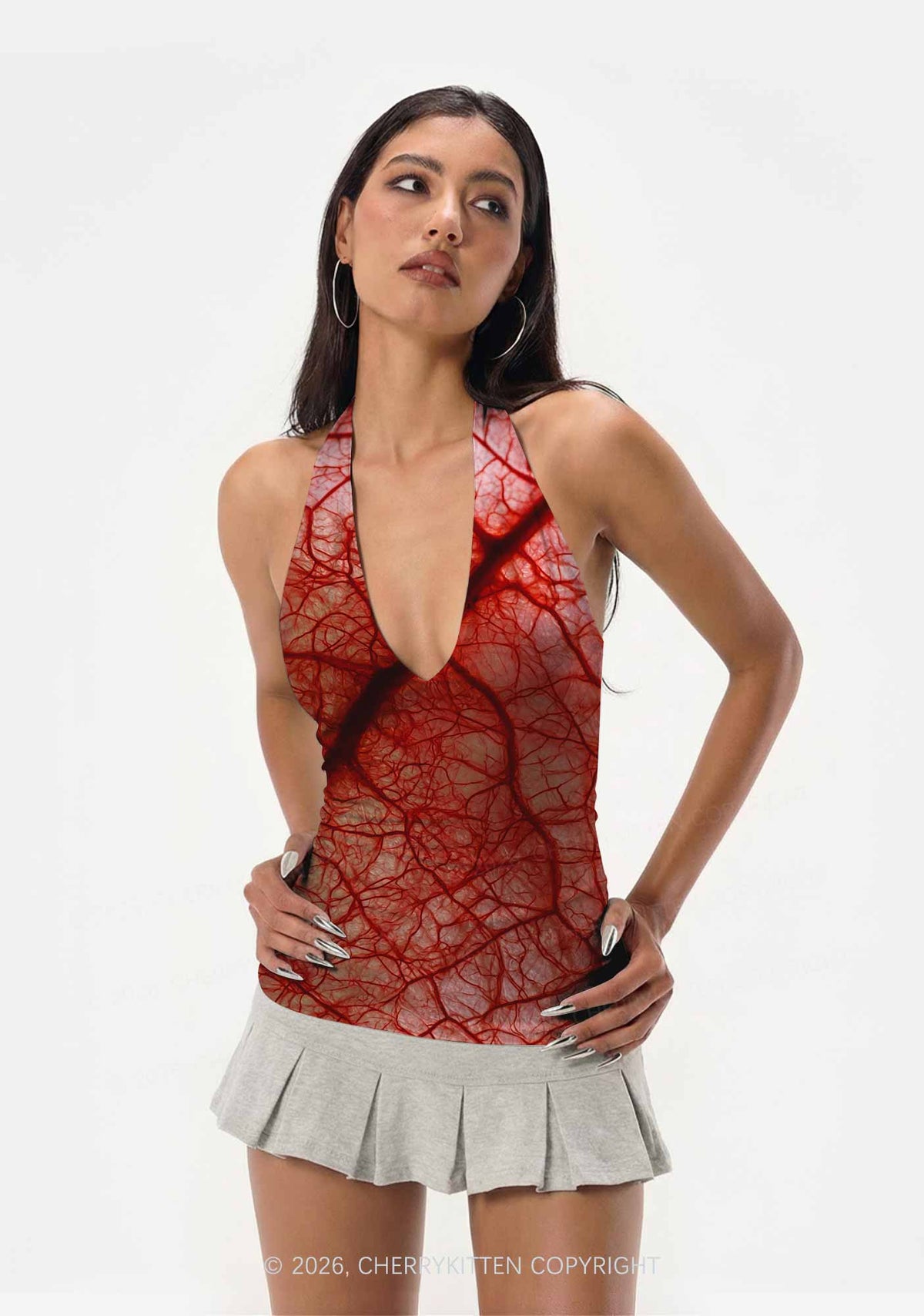 Halloween Red Blood Vessel Y2K Print Halter Deep V Neck Cami Cherrykitten