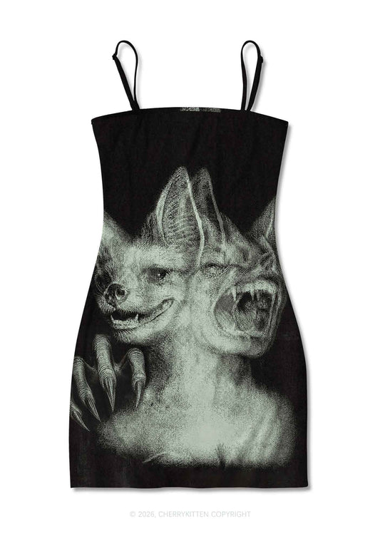 Halloween Two Head Monster Y2K Print Slip Dress Cherrykitten