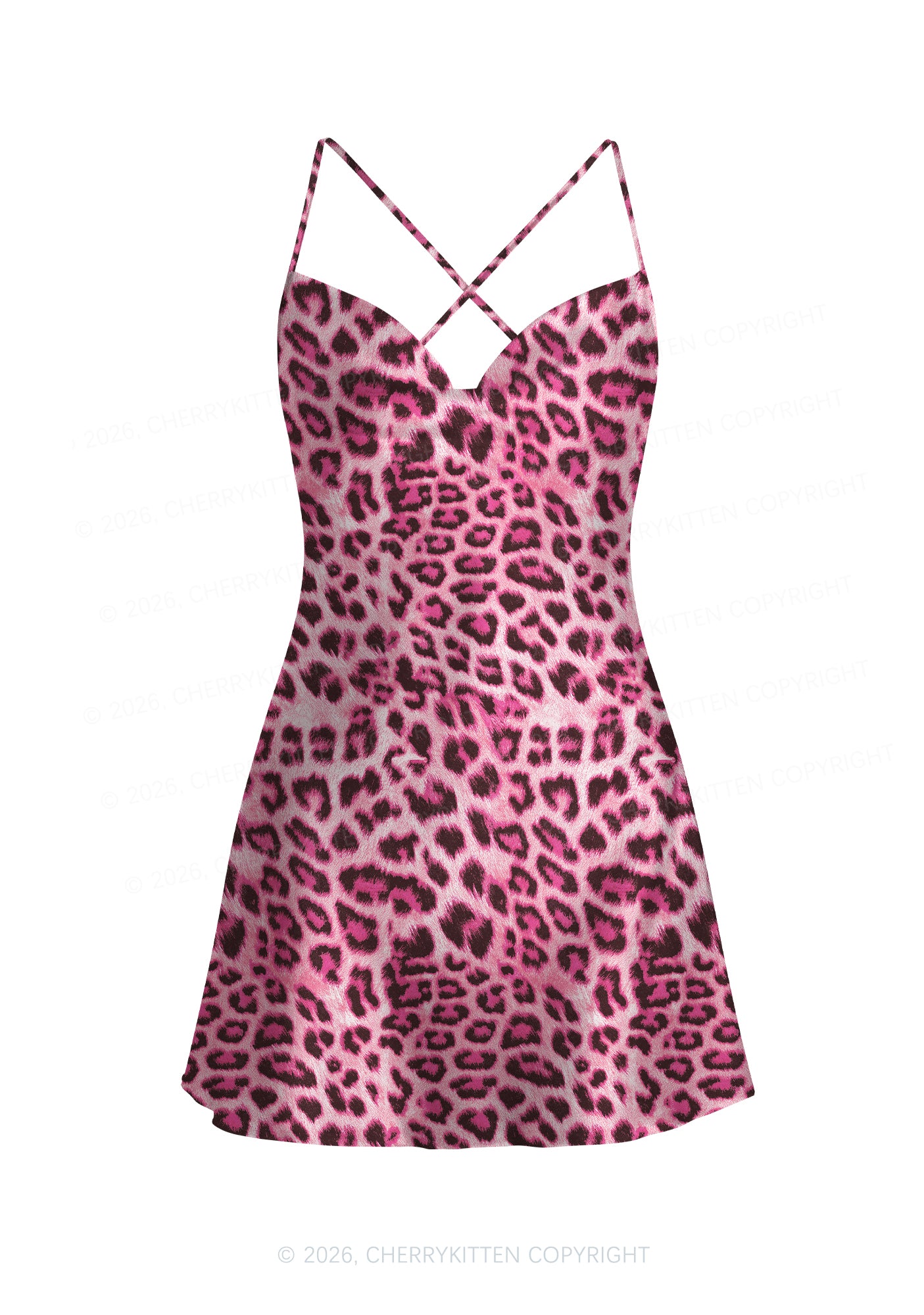Pink Leopard Y2K Print Satin Cowl Neck Slip Dress Cherrykitten