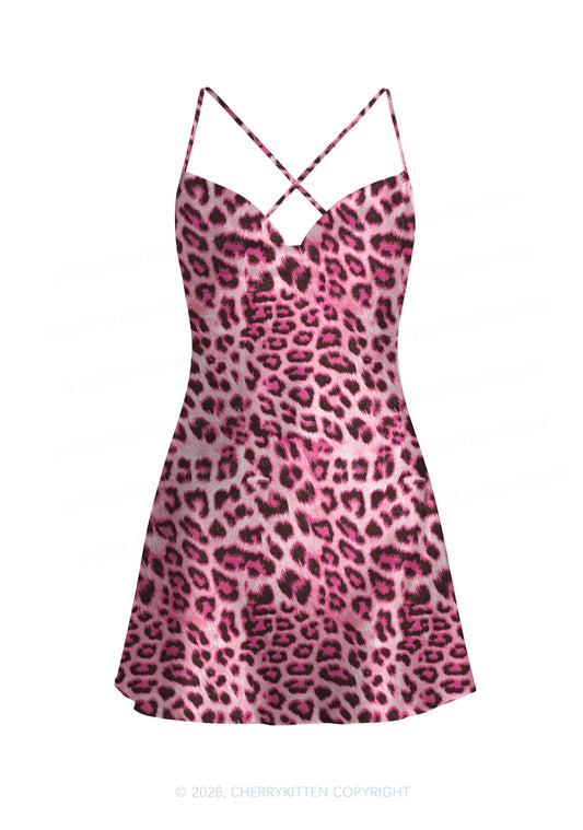 Pink Leopard Y2K Print Satin Cowl Neck Slip Dress Cherrykitten