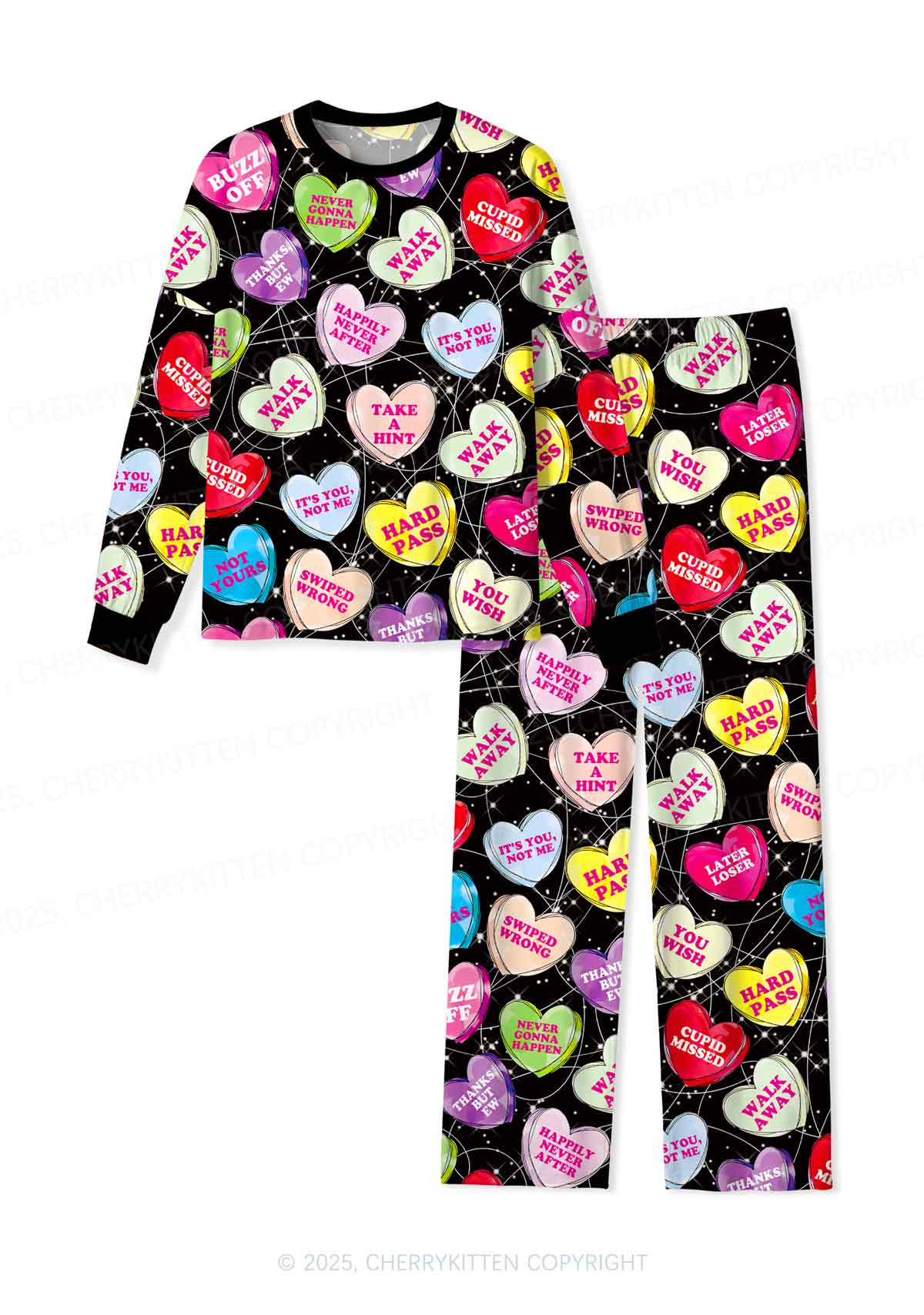 Anti Romantic Candy Y2K Valentine's Day Print Long Sleeve Pajama Set Cherrykitten