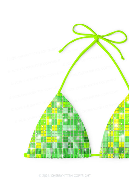 Green Disco Ball Grid Y2K Print Bikini Set Cherrykitten