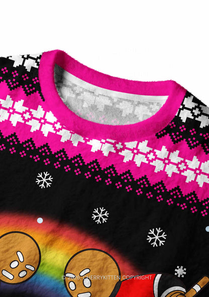 Pink Hockey Gingerbread Man Y2K Knit Sweatshirt Cherrykitten