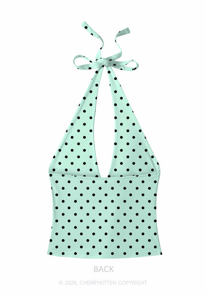Black Dots On Mint Green Y2K Print Halter Deep V Neck Cami Cherrykitten