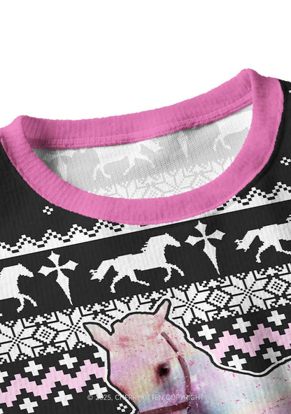 Pink Horse Y2K Christmas Crop Knit Sweatshirt Cherrykitten
