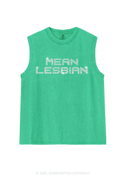Rhinestone Mean Lesbian Pride Y2K Washed Muscle Tank Cherrykitten