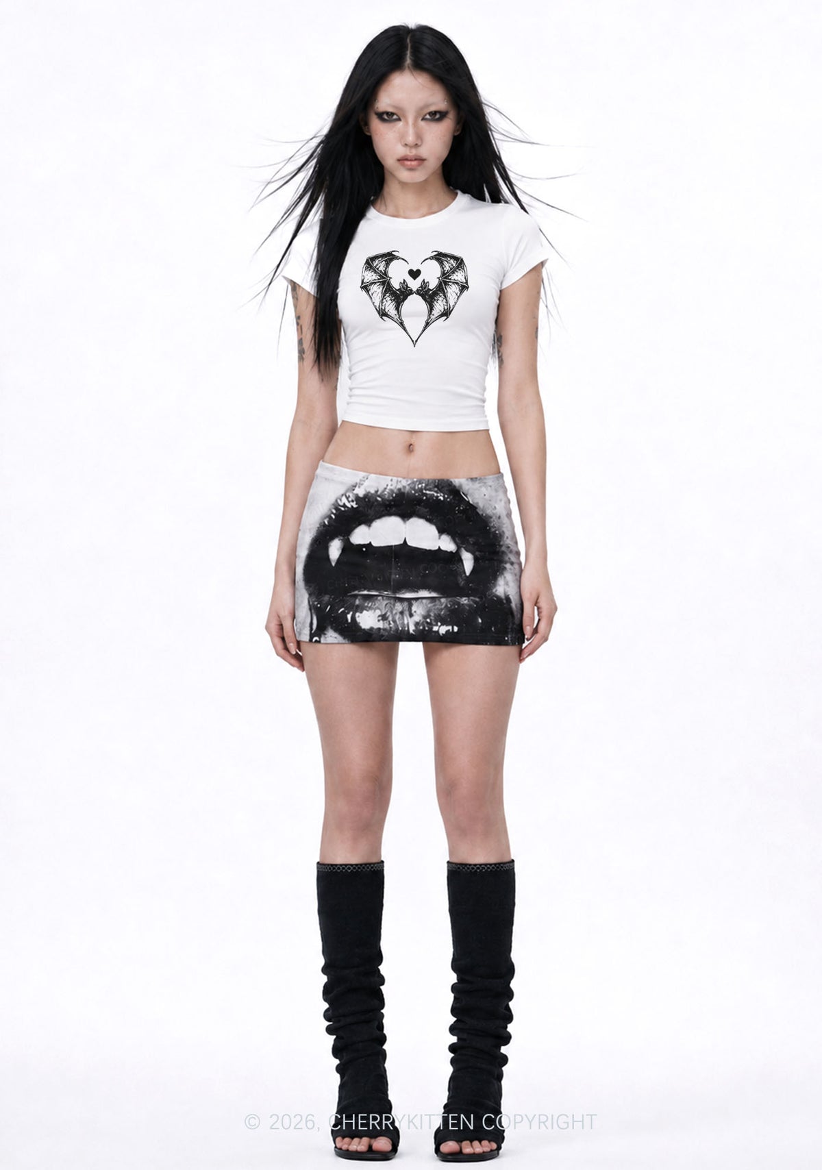 Halloween Bat Heart Y2K Goth Angel Wings Baby Tee Cherrykitten