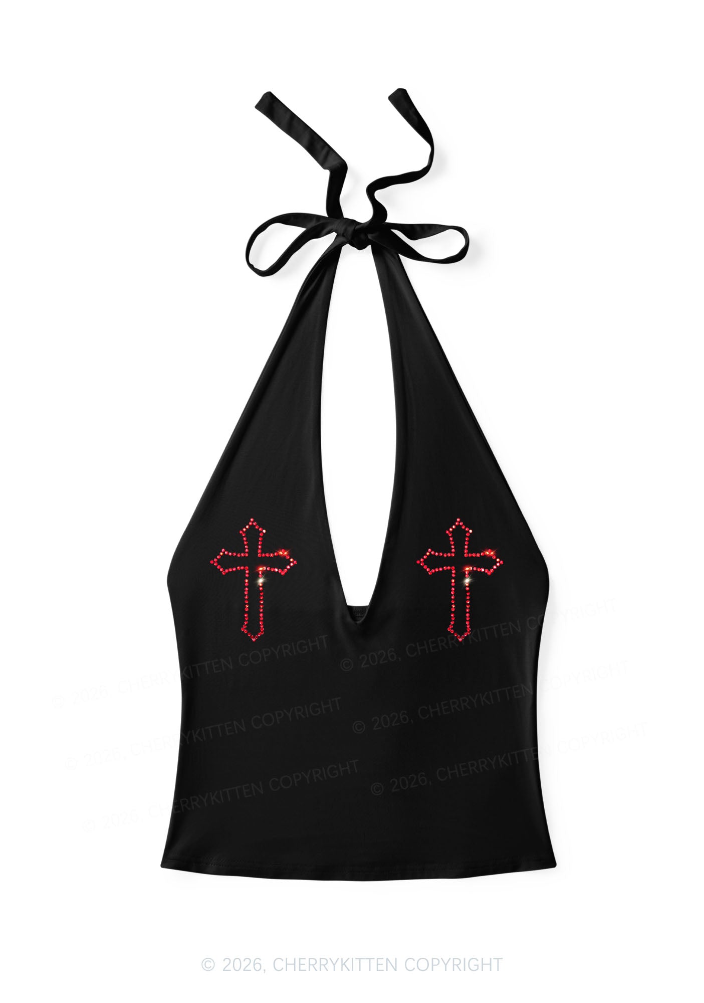 Rhinestone Red Cross Y2K Halter Deep V Neck Cami Cherrykitten