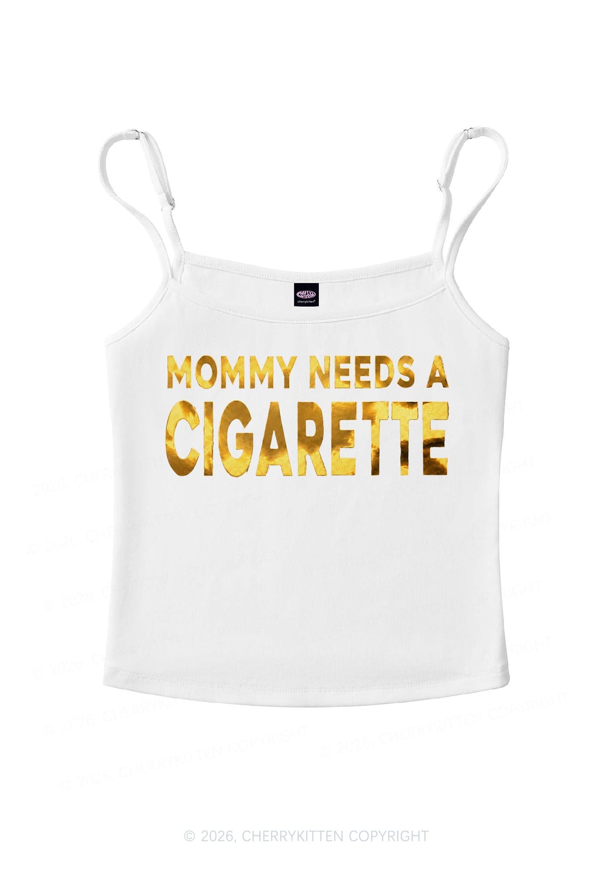 Mommy Needs A Cigarette Silver Foil Printed Y2K Spaghetti Strap Cami Cherrykitten